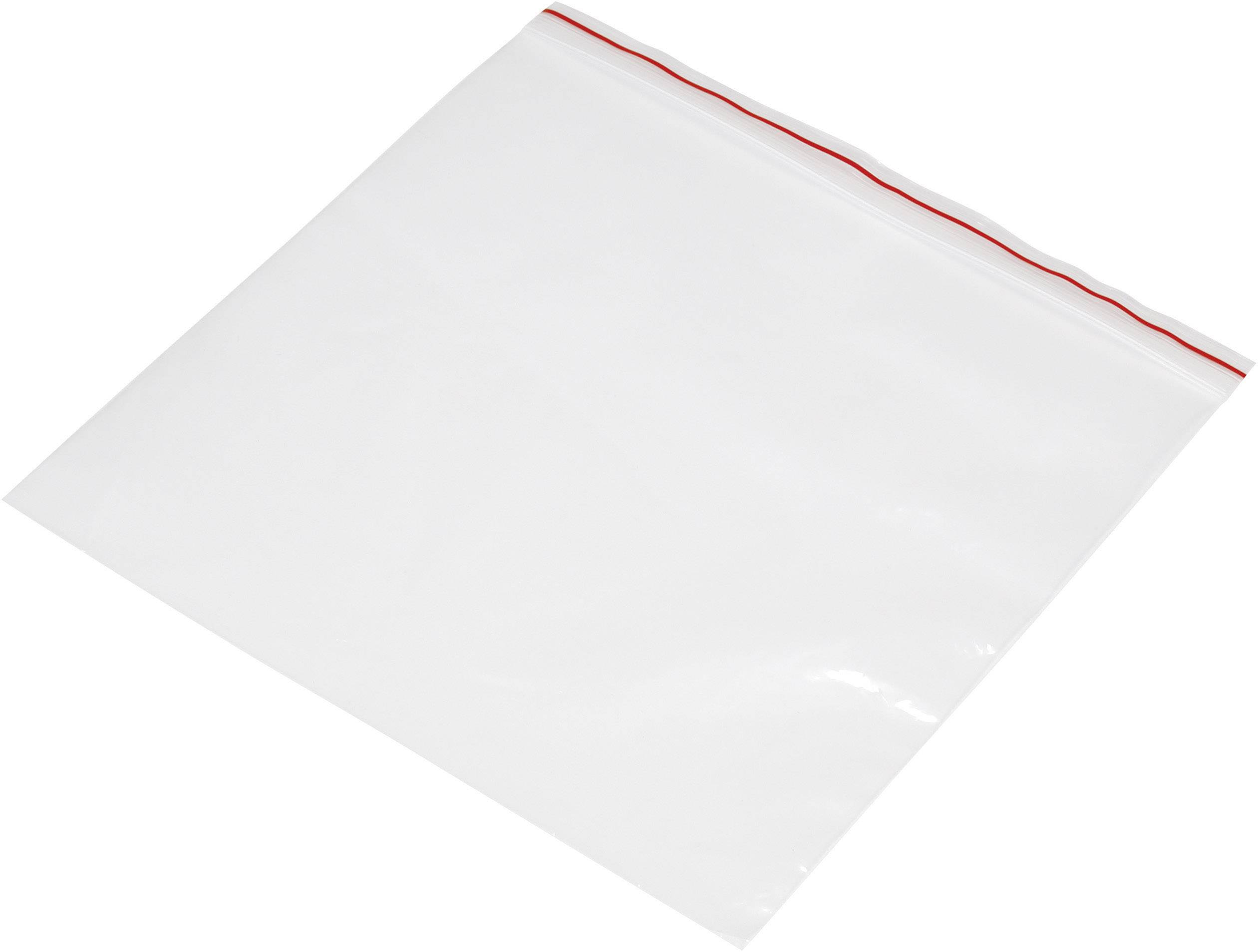 Sacchetto di plastica trasparente con striscia di chiusura rossa, adagiato piatto.