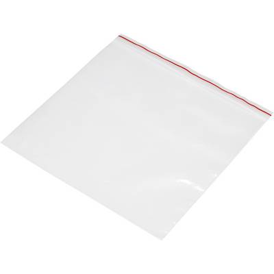 Sacchetto di plastica trasparente con striscia di chiusura rossa, adagiato piatto.