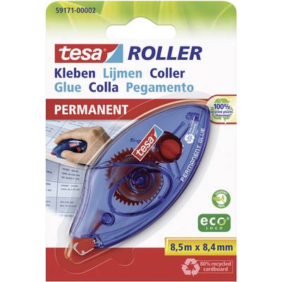 'Confezione di un nastro adesivo permanente Tesa, 8,5 m x 8,4 mm. Realizzato al 100% con plastica riciclata, in custodia blu.'