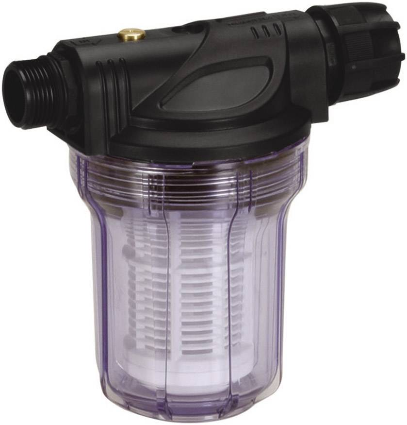 Filtro acqua con involucro trasparente in plastica e coperchio nero, che mostra l'elemento filtrante interno, adatto per uso domestico.