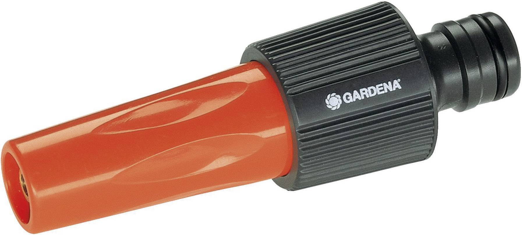 Ugello per tubo da giardino Gardena, rosso con impugnatura nera, design semplice per scopi di irrigazione.
