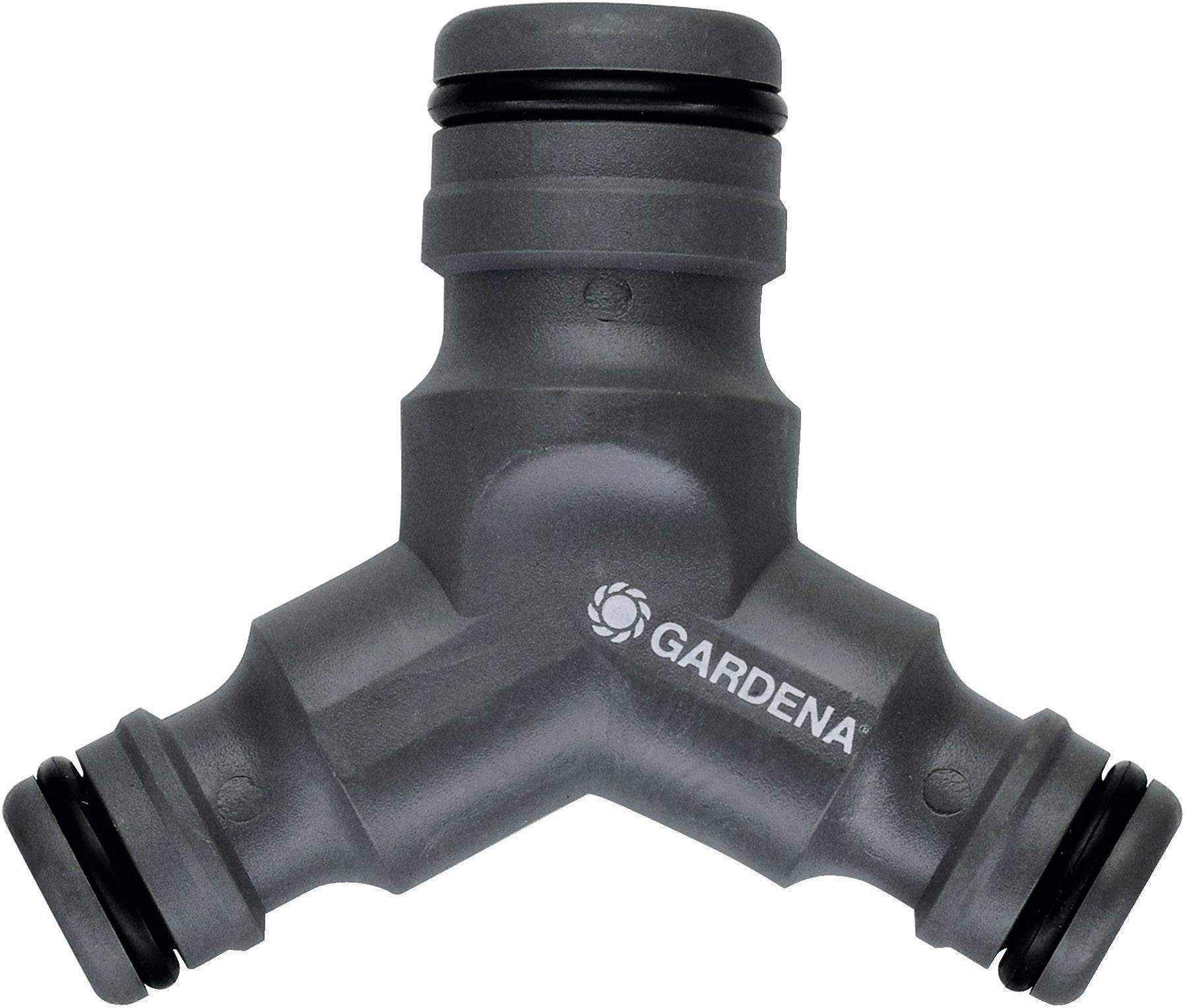 Diramatore Y di Gardena per il collegamento di tre tubi dell'acqua, adatto per sistemi da giardino, nero con guarnizioni ad anello.