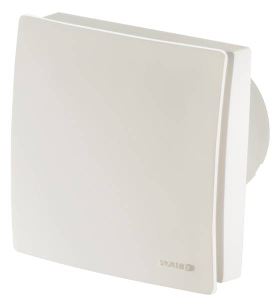 Un ventilatore bianco, quadrato con angoli arrotondati, adatto per bagni o cucine.