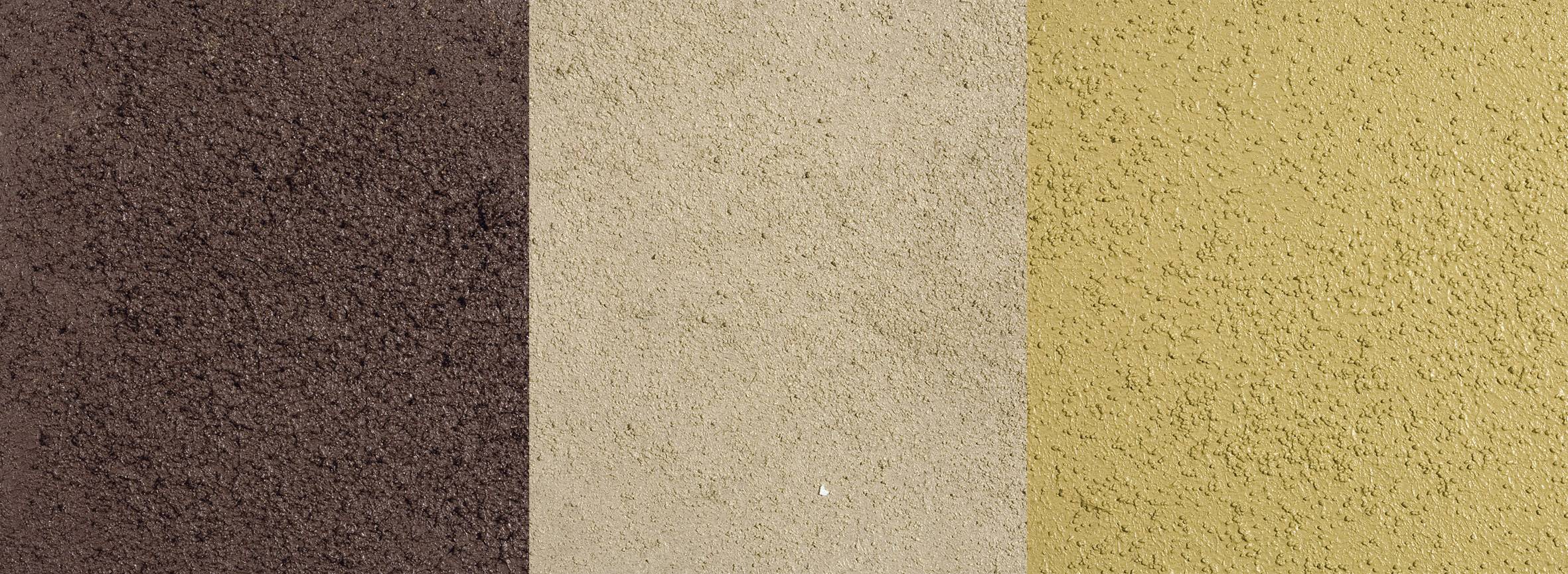 Tre strisce verticali mostrano diverse texture terrestri: marrone scuro, marrone chiaro e ocra. Rappresentazione di tipi di suolo.