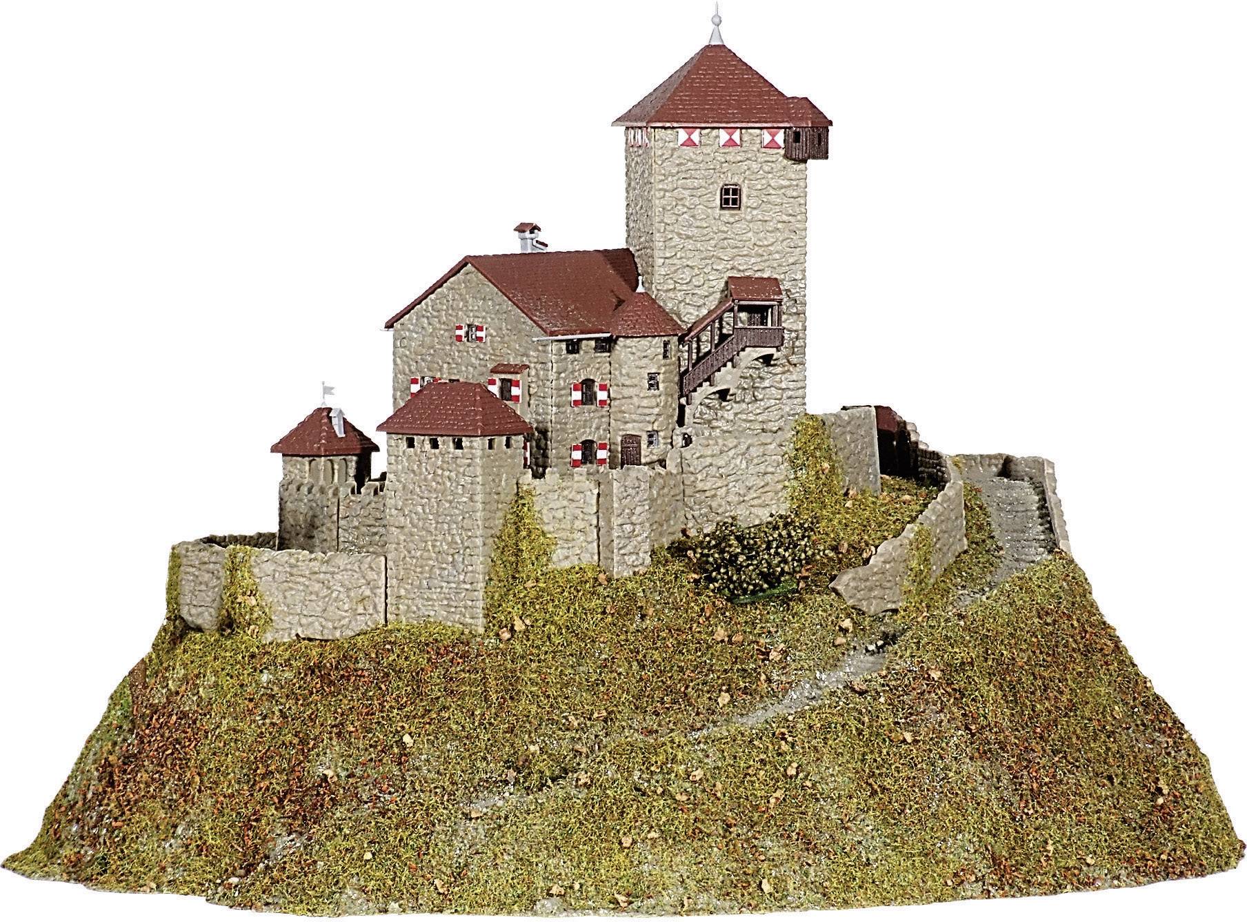 Modello di un castello medievale su una collina, con diverse torri e un muro di cinta.