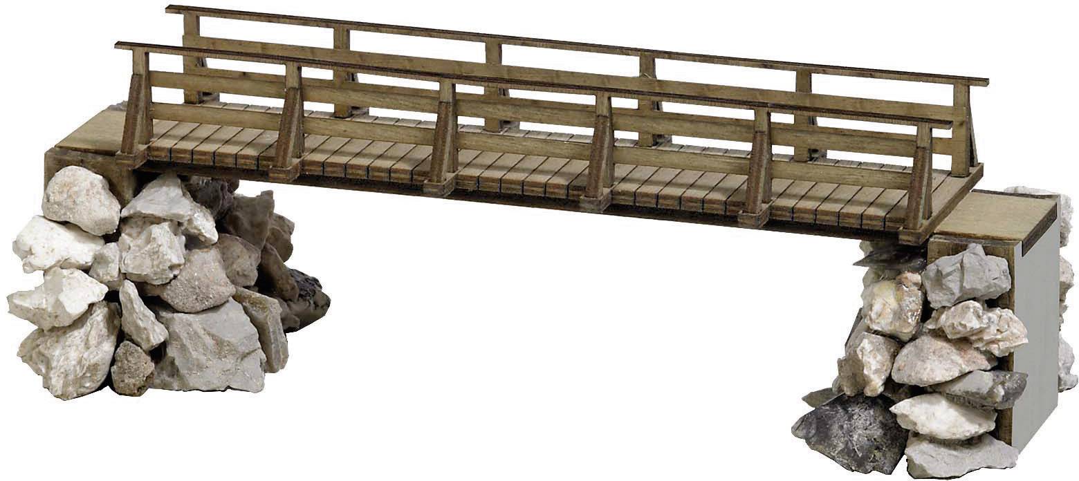 Ponte in legno con parapetto che attraversa un cumulo di pietre, design rustico, possibilmente un modello per un progetto ferroviario o architettonico.