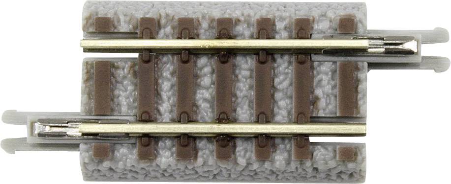 Breve tratto di binario per modellismo ferroviario con due rotaie metalliche su sfondo grigio e traverse marroni.