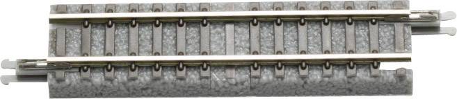 Un pezzo di binario per modellismo ferroviario con traversina grigia e rotaie in metallo, adatto per progetti di modellismo o ferroviari.