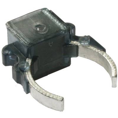 Una pinza scura in plastica con due bracci metallici, utilizzata per fissare o trattenere piccoli oggetti.