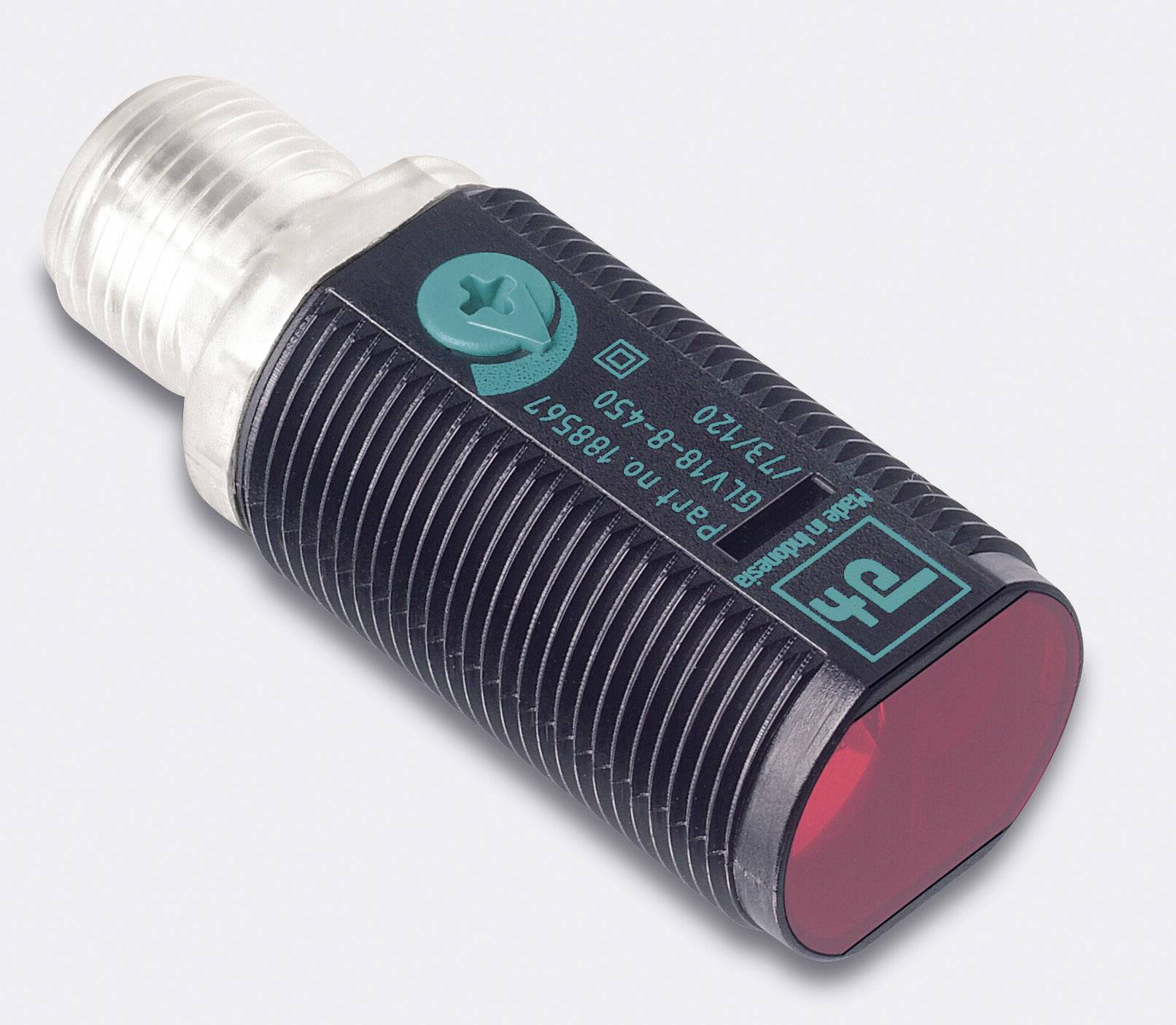 Sensore rosso con involucro nero e connettore argentato. Adatto per rilevare oggetti in sistemi di macchine o automazione.