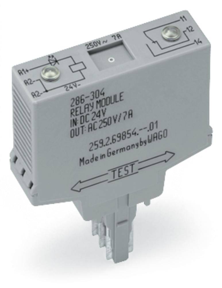 Un modulo relè grigio con la scritta 'Relay Module, IN: DC 24V, OUT: AC 250V/7A, Made in Germany by WAGO' e un pulsante di test.