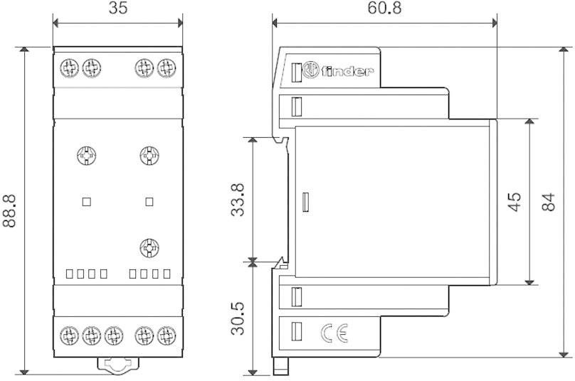 Disegno di un dispositivo elettrico con dimensioni: larghezza 35 mm, altezza 88,8 mm. Il prodotto mostra il marchio e il marchio CE. Vista frontale e laterale.