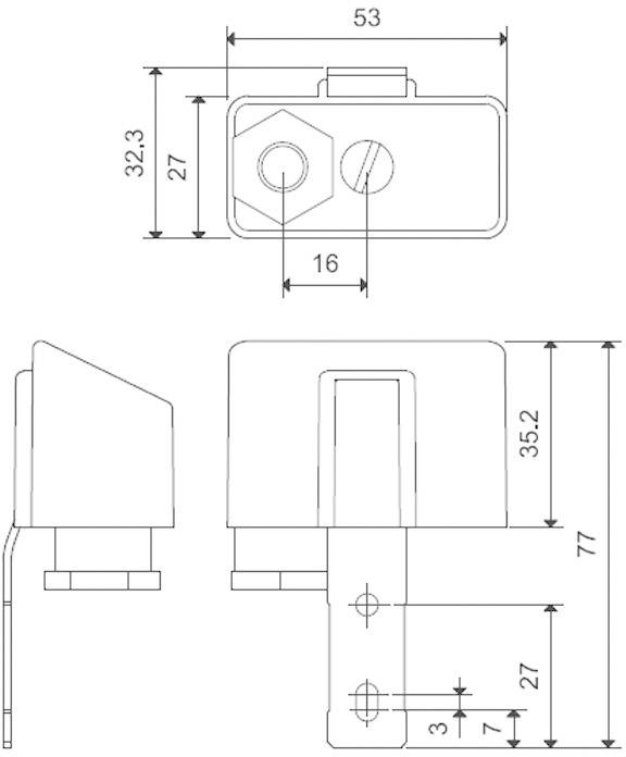 Disegno tecnico di un accessorio metallico con dimensioni: lunghezza 53, altezza 35,2, larghezza 27, fori e angoli di montaggio indicati.