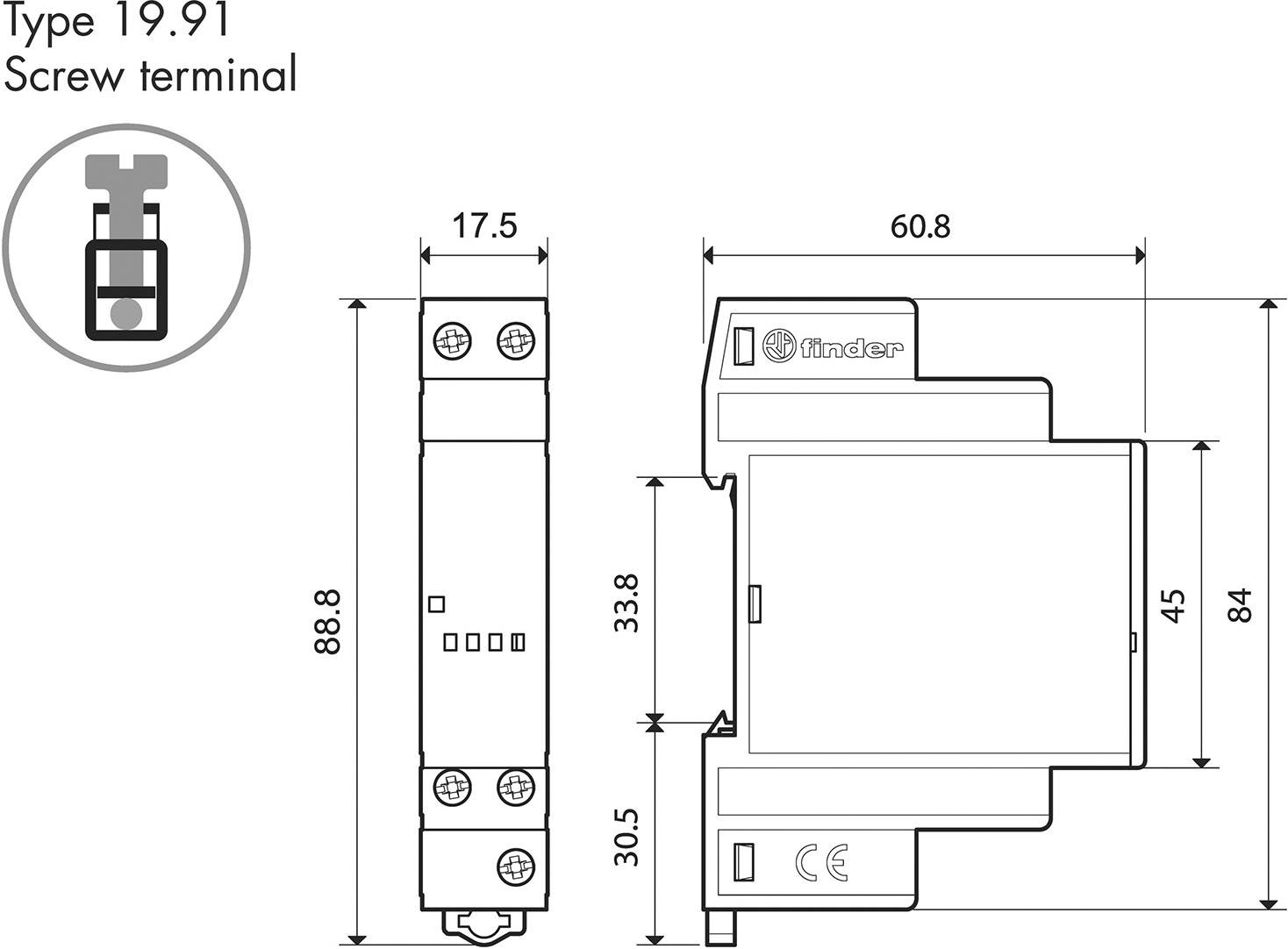 Disegno tecnico di un relè con morsetto a vite di tipo 19.91. Le misure e le dimensioni sono indicate in millimetri.