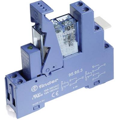 Interruttore elettronico blu con stampa: 'Finder 95.95.3', mostra lo schema elettrico e le specifiche. Utilizzato in circuiti elettrici.