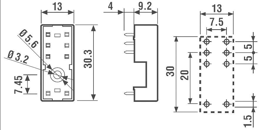 Disegno tecnico di un connettore elettrico con dimensioni precise. Mostra la vista frontale, laterale e dall'alto con indicazioni delle misure.