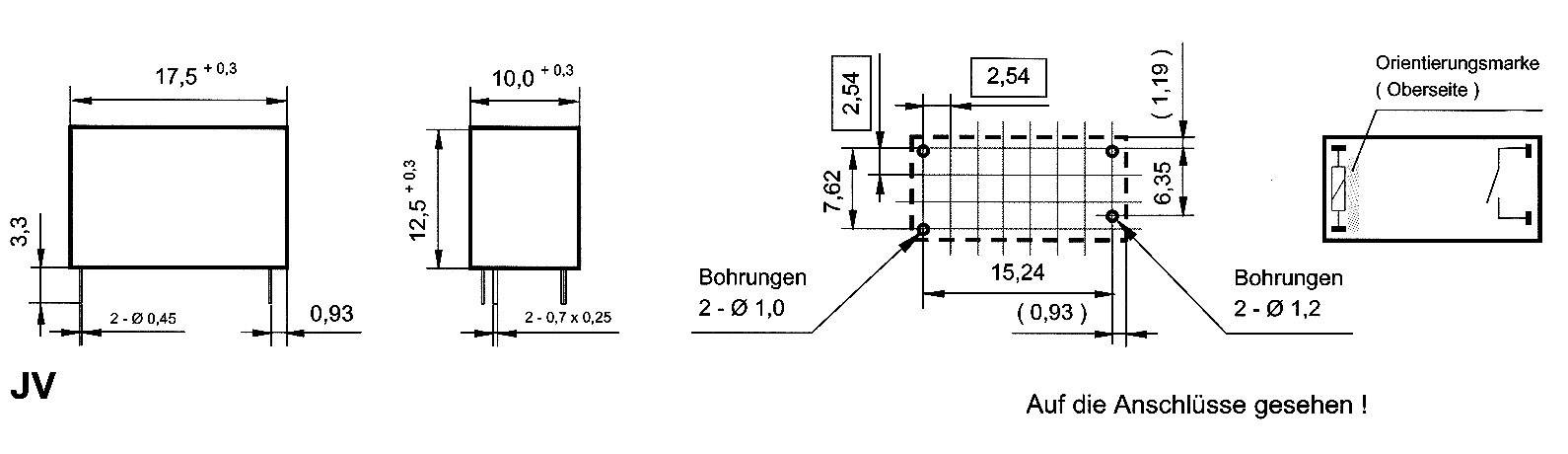 Disegno tecnico di un componente elettronico con misure in millimetri. Mostra diverse viste e informazioni di connessione.