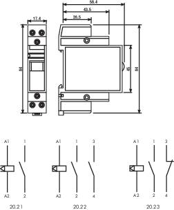 Disegno di un componente elettronico con dimensioni in millimetri. Sotto sono presenti simboli di commutazione con le denominazioni '20.2.1', '20.2.2', '20.2.3'.