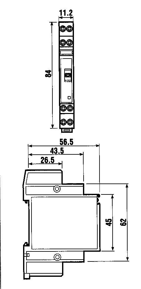 Schema elettrico di un componente elettrico con dimensioni: altezza 84 mm, larghezza 11,2 mm. Mostra le posizioni dei terminali.