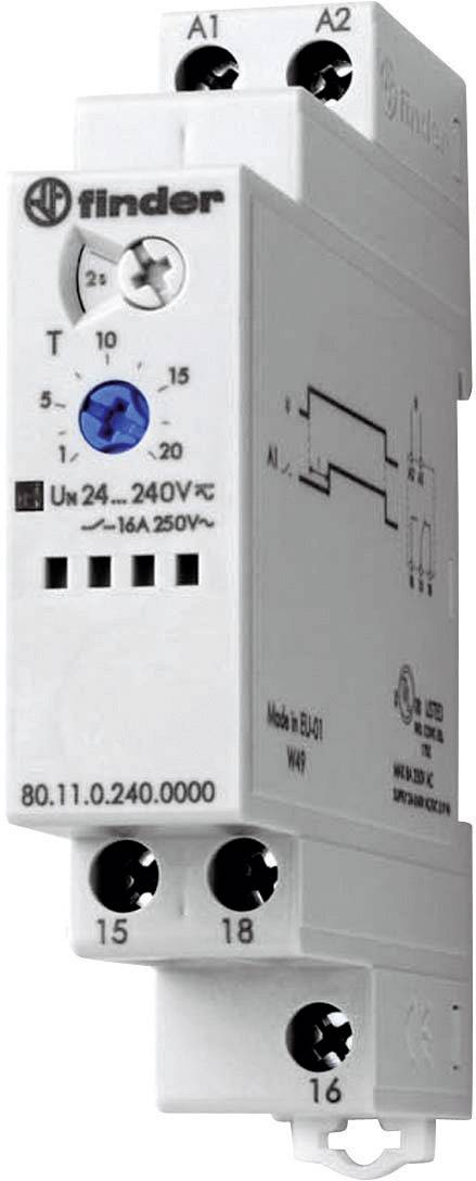 Un relè temporizzato Finder, modello 80.11, con un range di tensione da 24-240V AC e una portata di corrente di 16A a 250V.