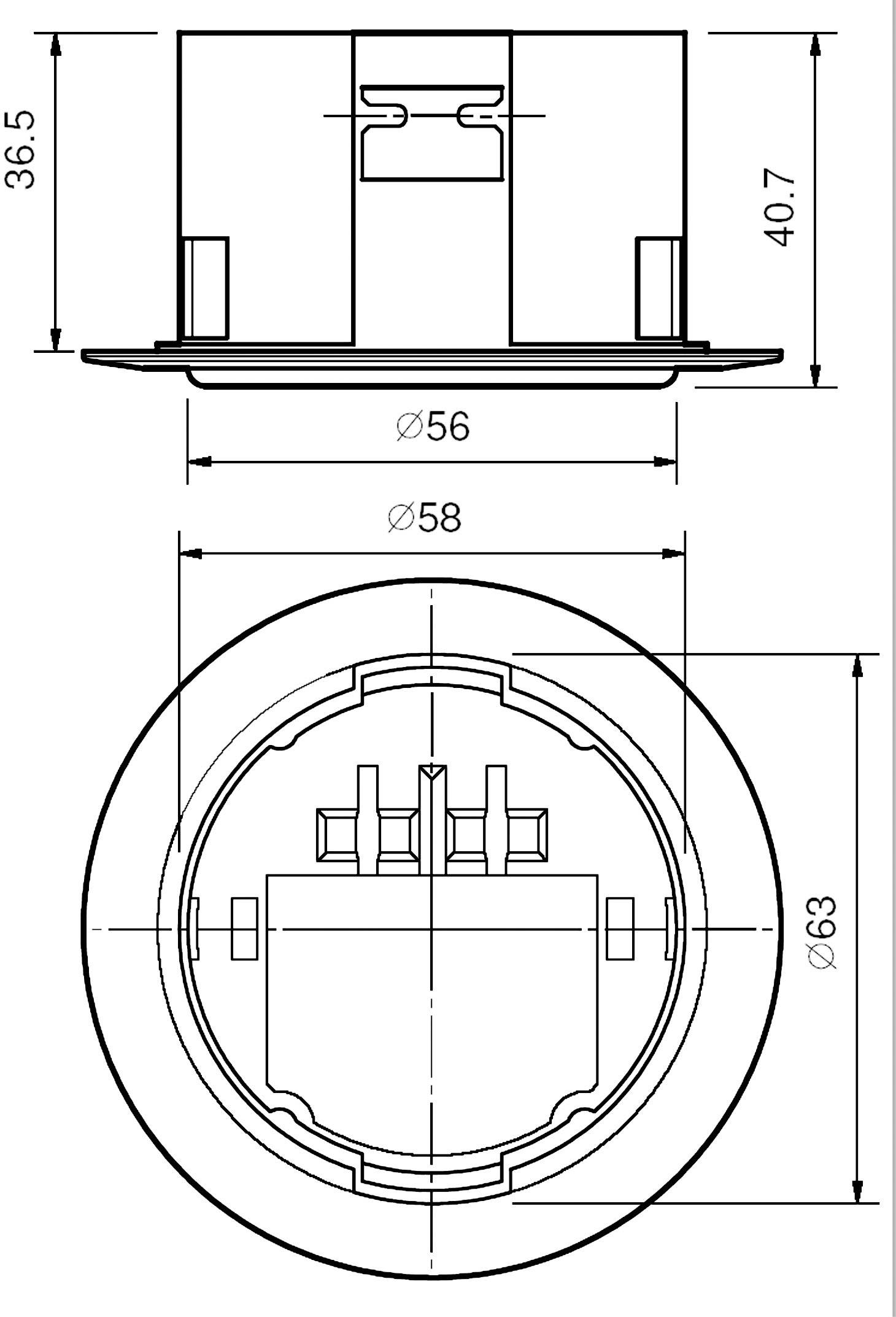 Disegno tecnico di un componente circolare con diametri di 56 mm e 58 mm, altezza di 36,5 mm e larghezza complessiva di 63 mm.