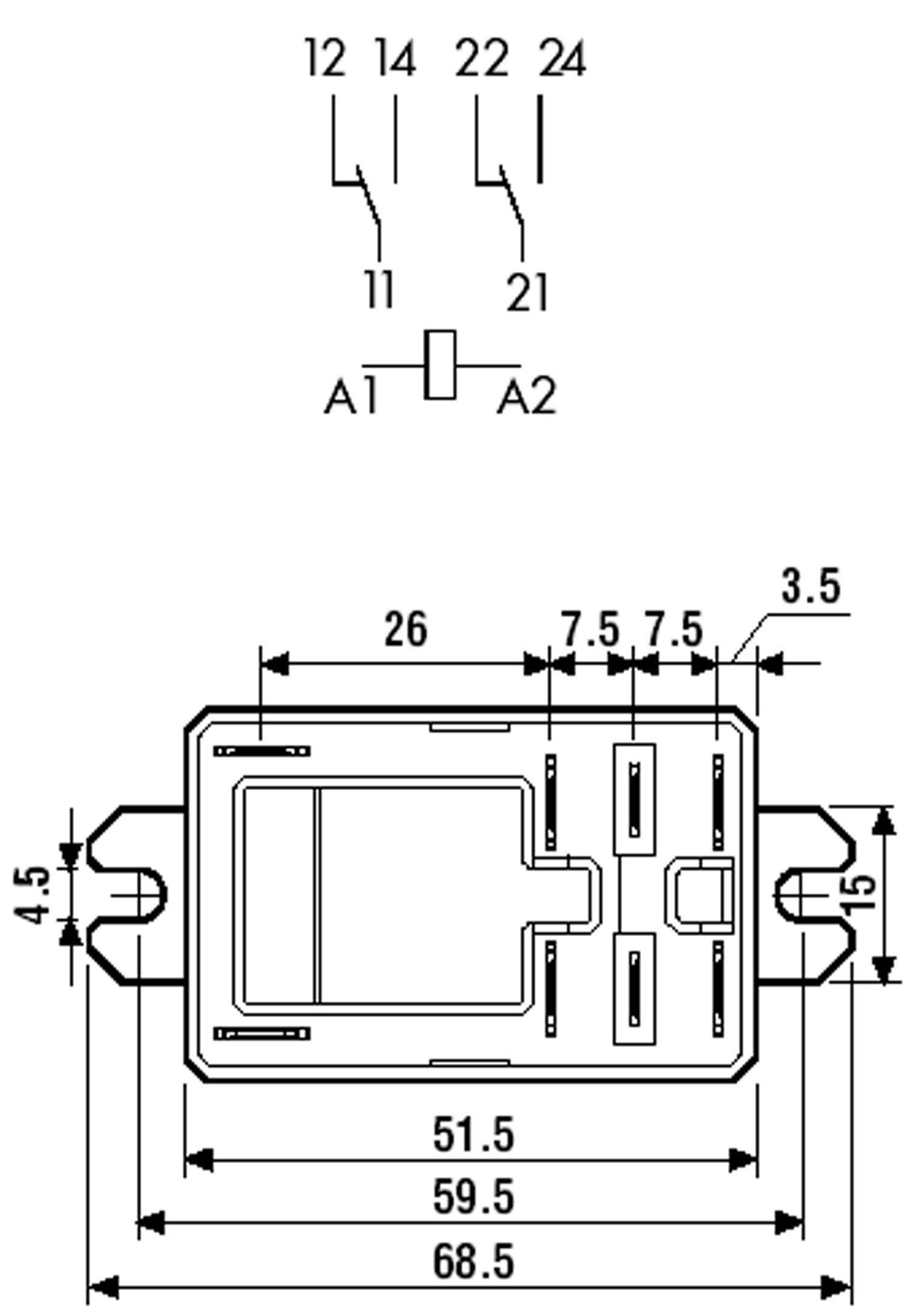 Disegno tecnico di un relè con quote in millimetri. Sopra è presente uno schema elettrico con le designazioni dei morsetti 11, 12, 14, 21, 22, 24, A1, A2.