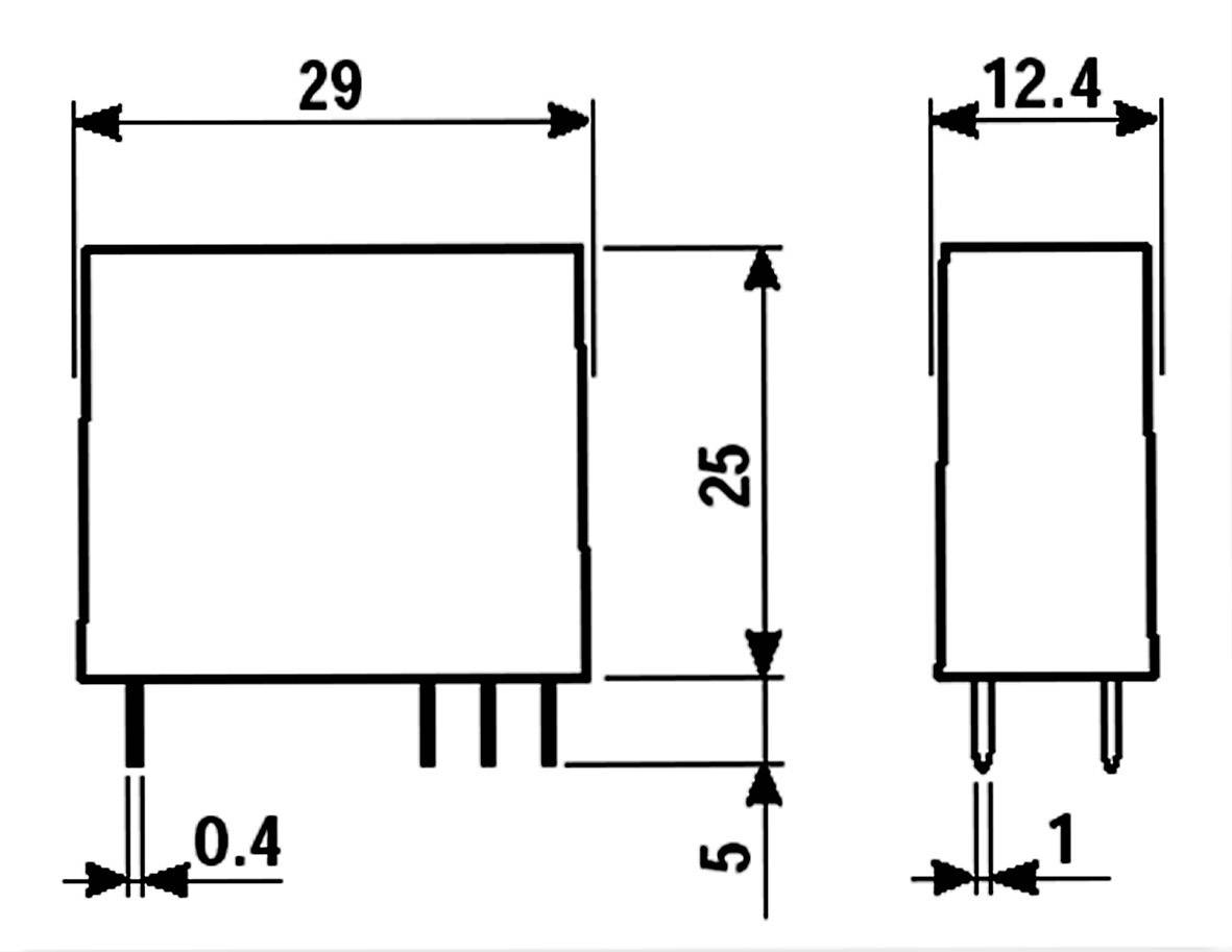Componente elettronica con dimensioni: larghezza 29 mm, altezza 25 mm, profondità 12,4 mm. Pin di connessione sul lato inferiore.