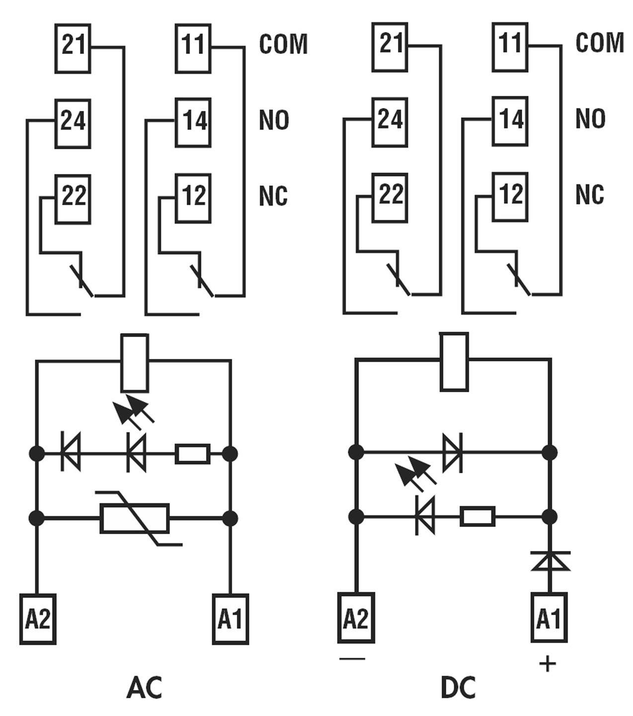 Schemi elettrici: a sinistra per corrente alternata (CA) con bobina e interruttori; a destra per corrente continua (CC), mostra diodi e resistenze.