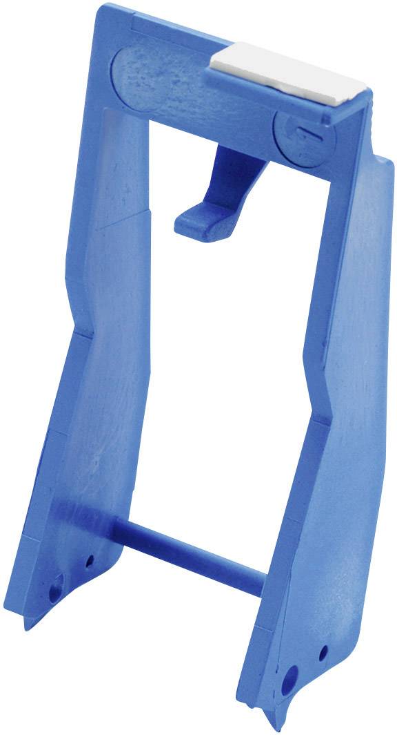 Un clip in plastica blu con un meccanismo a uncino, probabilmente uno strumento di fissaggio o supporto.