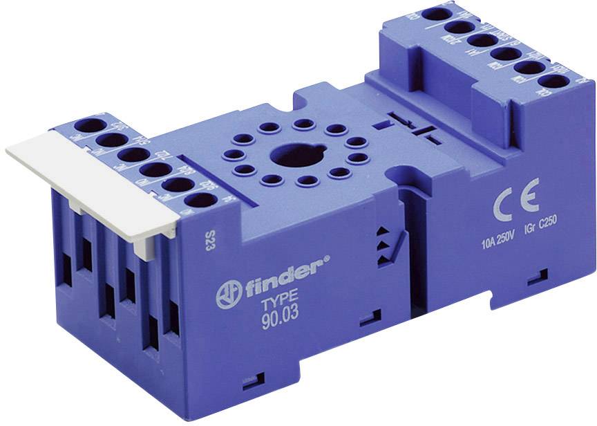 Supporto base blu per relè, tipo 90.03, con otto punti di connessione e marchio CE, idoneo per 10A e 250V.