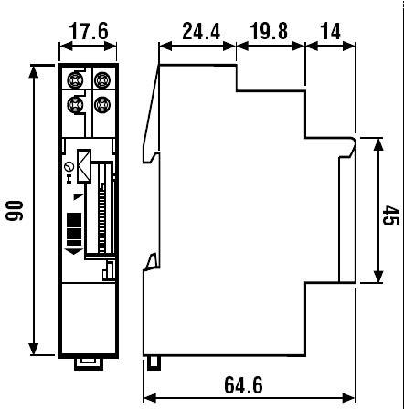 Disegno tecnico di un componente elettrico con dimensioni: altezza 90 mm, larghezza 17,6 mm, larghezza laterale 64,6 mm.