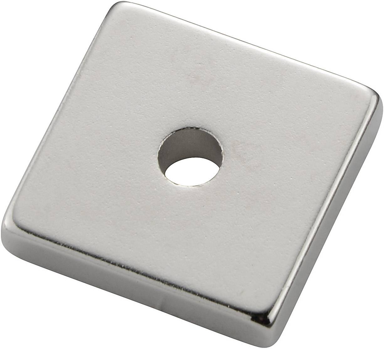 Magnete quadrato con foro centrale, liscio e in metallo argentato.