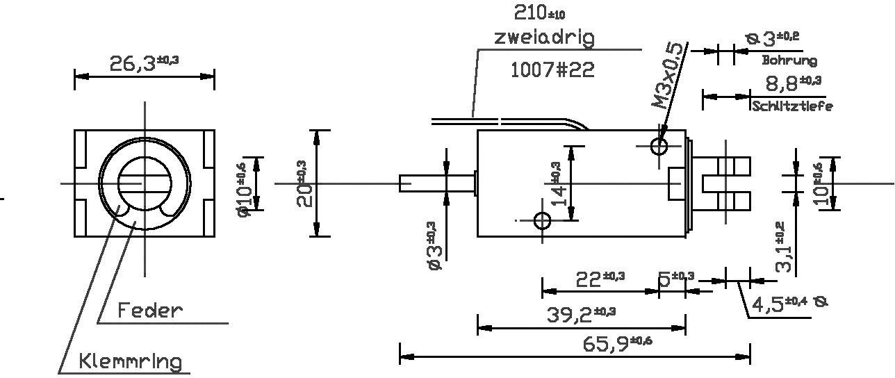 Disegno tecnico di un componente cilindrico con misure dettagliate e annotazioni relative a molla, anello di bloccaggio e foro.