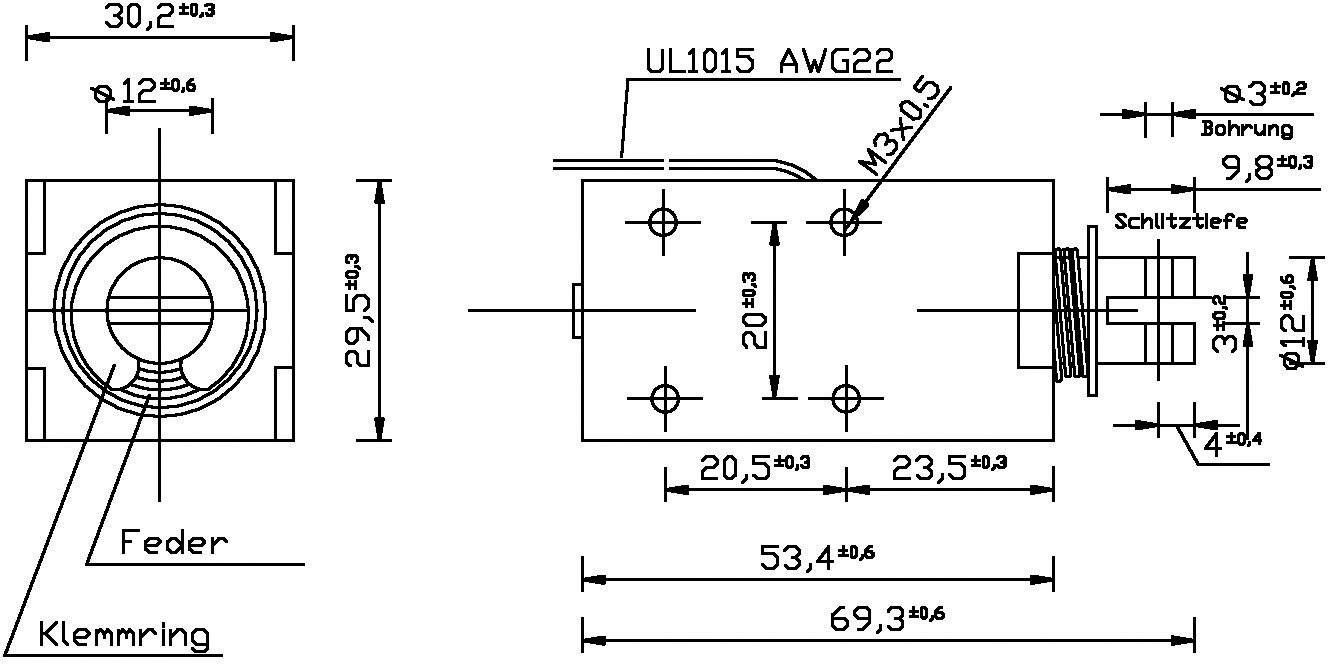 Disegno tecnico di un componente rettangolare con quote in millimetri, raffigurante le viste frontale, laterale e superiore.