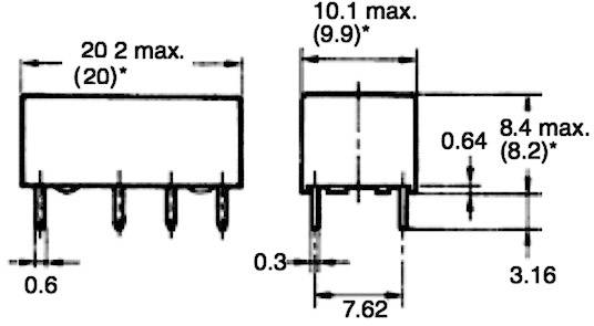 Diagramma delle dimensioni di un componente elettronico con specifiche indicazioni di lunghezza in millimetri, comprensivo di piedini e misure dell'involucro.