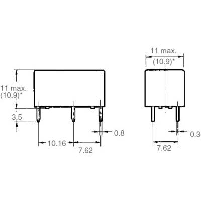 Disegno tecnico di un componente elettronico con dimensioni: larghezza 10,16 mm, altezza 11 mm, profondità 7,62 mm.
