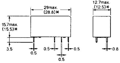 Disegno tecnico di un componente elettronico rettangolare con dimensioni in millimetri: larghezza massima 29 (28,8), altezza massima 15,7 (15,5).