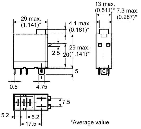 Disegno tecnico di un componente elettrico con dimensioni in mm e pollici, contrassegnate come 'valori medi'. Rappresentazione della vista laterale e frontale.