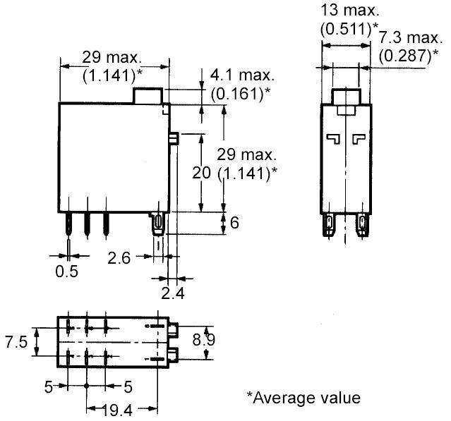 Disegno tecnico di un componente elettronico con quote in millimetri, mostra vista dall'alto, vista laterale e vista frontale.