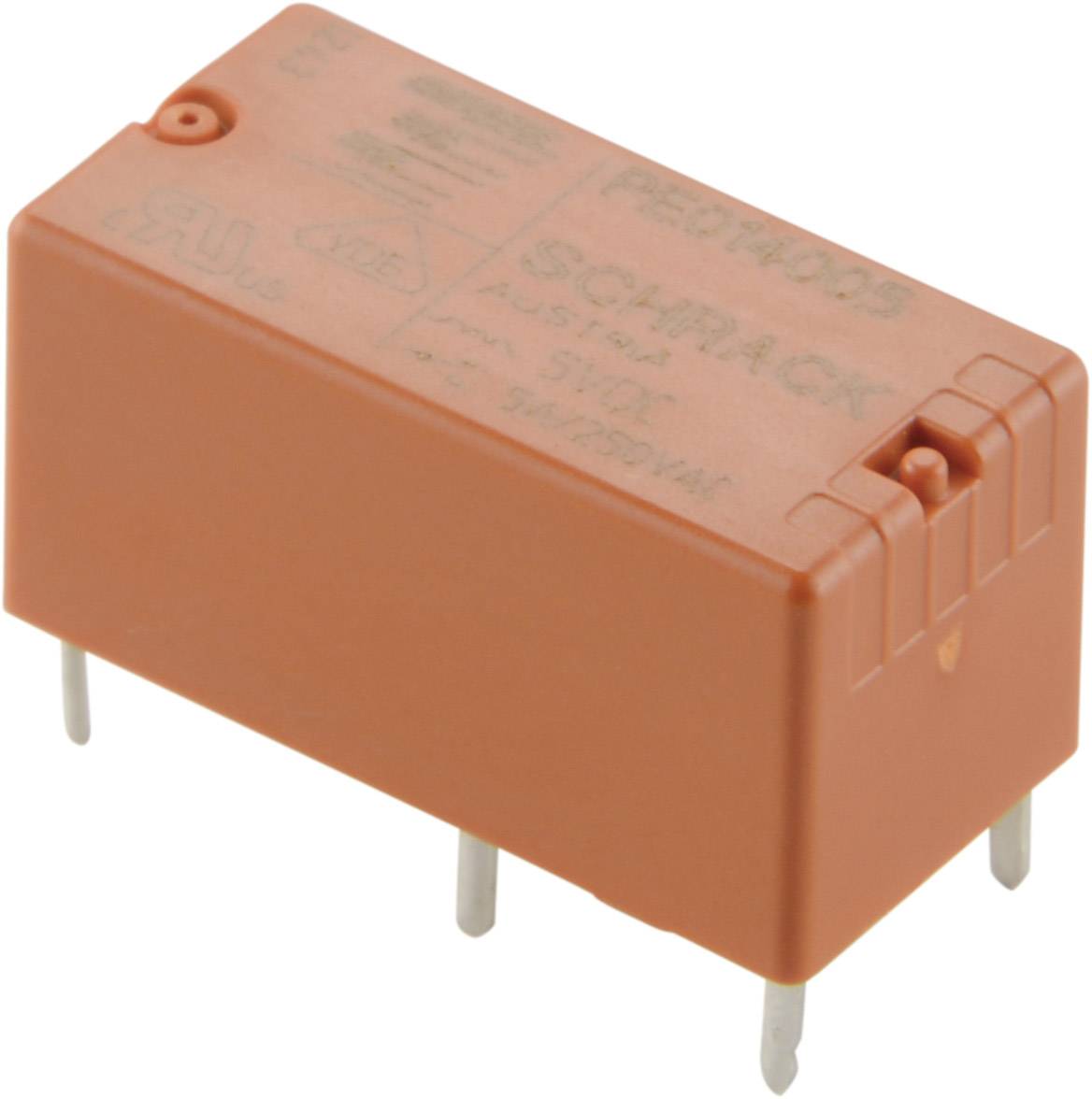 Un relè arancione con etichetta 'SCHRACK AUSTRIA' e specifiche tecniche. Ha quattro piedini metallici sul lato inferiore.
