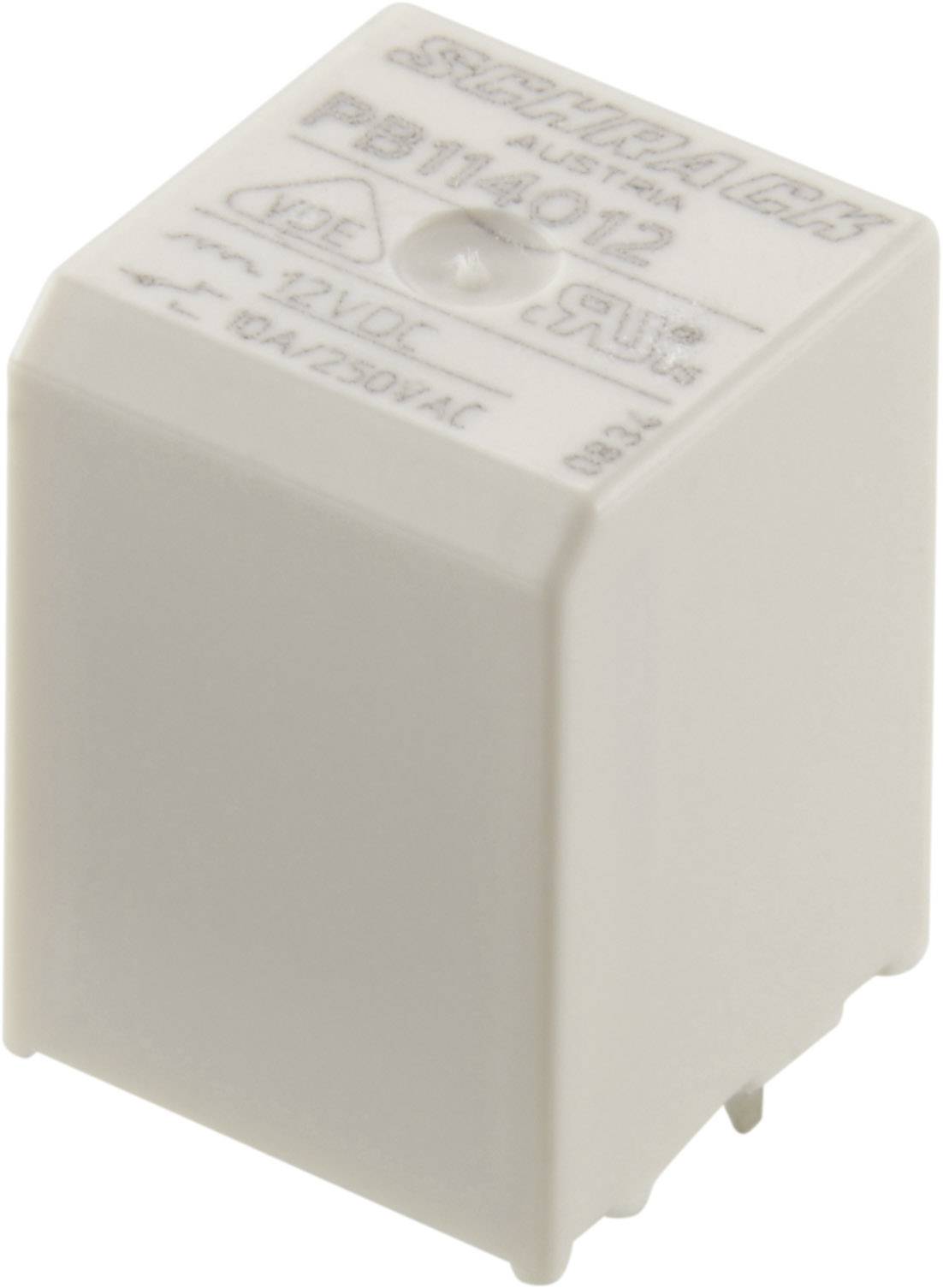 Un relè bianco con la scritta '12VDC, 10A 250VAC', forma quadrata, quattro piedini di connessione sul fondo, adatto per applicazioni elettriche.