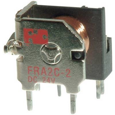 Un relè elettromagnetico con scritta 'FRA2C-2 DC 24V', marcatura a punto rosso, adatto per circuiti elettronici.