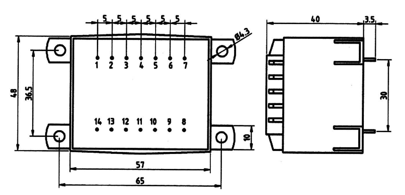 Disegno tecnico di un connettore elettrico con misure: larghezza 65 mm, altezza 48 mm, profondità 40 mm. Piedini di connessione numerati.