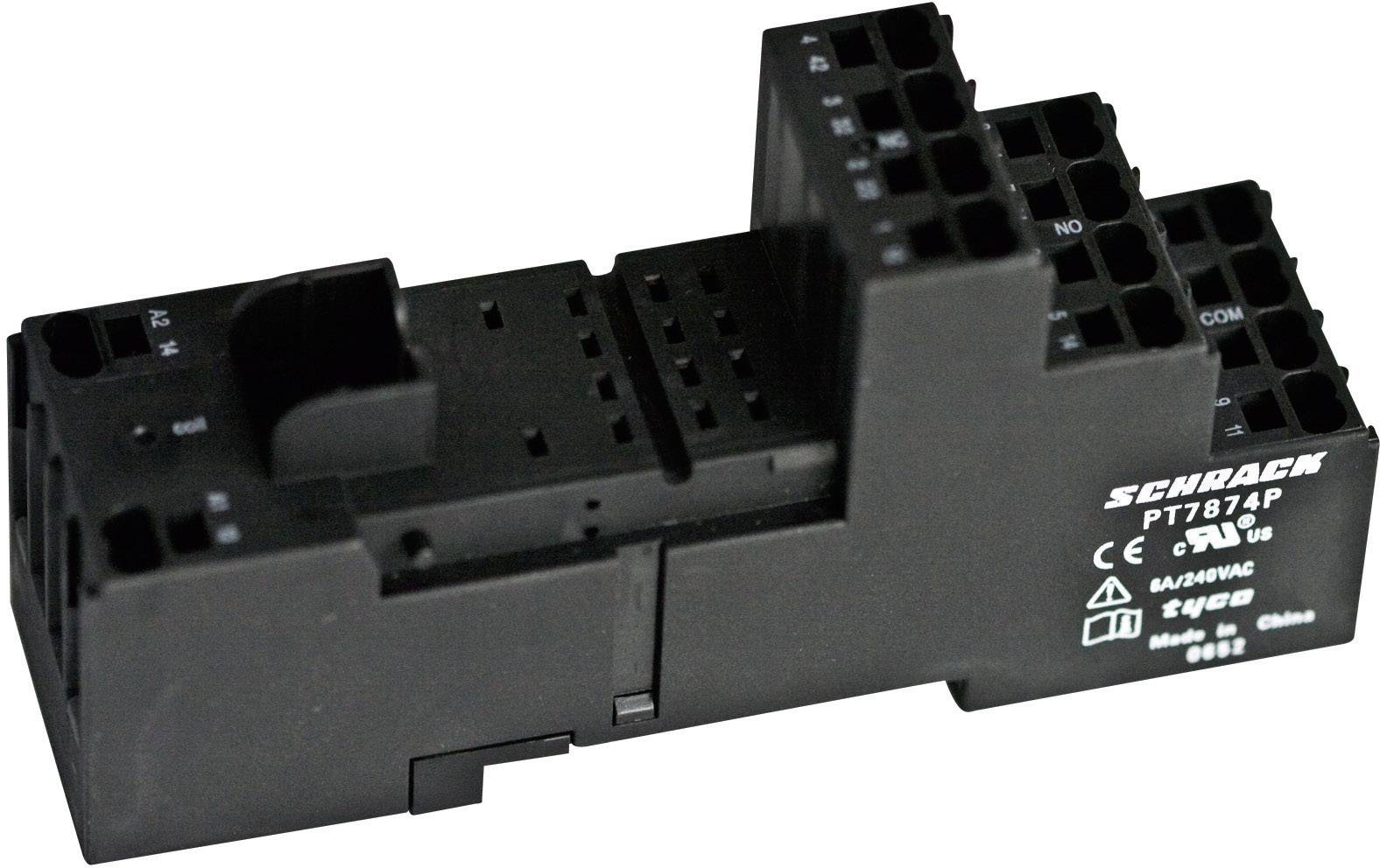 'Schrack PT7874P', modulo zoccolo relè a innesto nero con più connessioni. 12A, 250VAC. Adatto per applicazioni industriali.