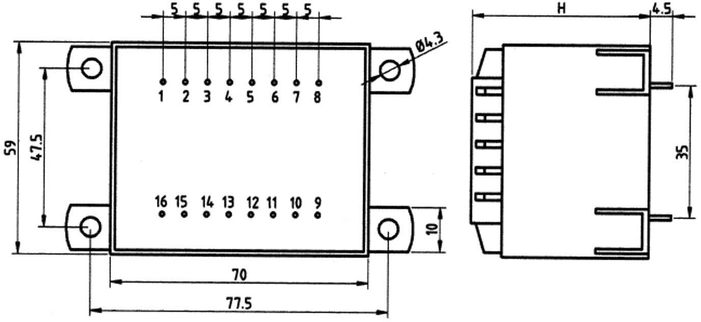 Disegno tecnico di un componente elettronico rettangolare con dimensioni. Mostra i pin di connessione e misure precise.