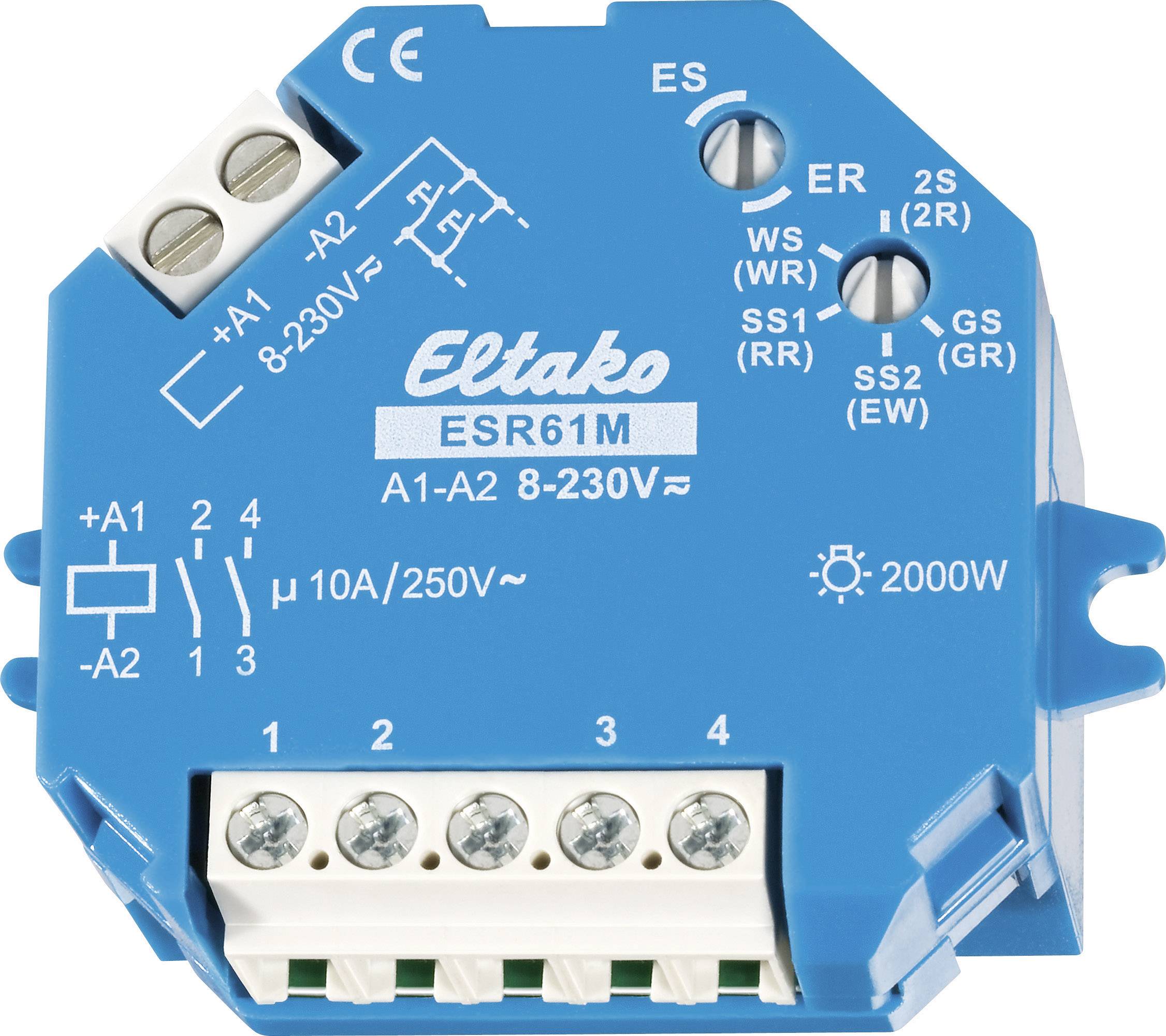 Relè Blauer Eltako ESR61M con diversi morsetti di connessione e specifiche tecniche, adatto per tensione di esercizio da 8-230V.