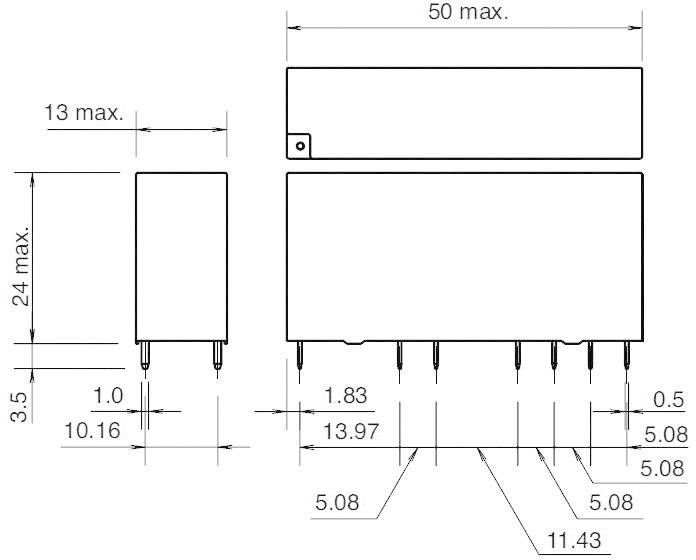Disegno tecnico di un componente elettronico, mostra viste frontale e laterale. Le misure sono indicate in millimetri.