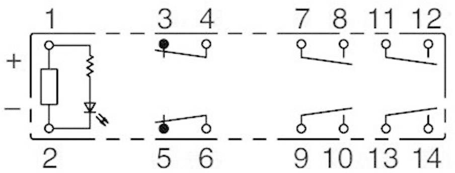 Rappresentazione schematica di un layout di relè con connettori da 1 a 14, che mostra circuiti con resistenza e diodo a sinistra.
