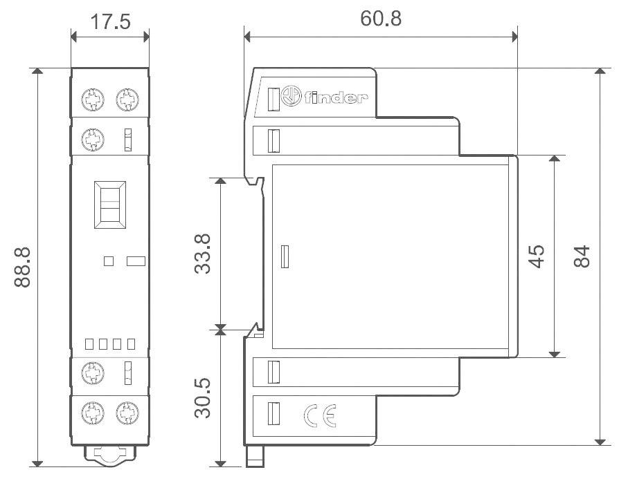 Disegno tecnico di un relè su guida DIN con le seguenti dimensioni: altezza 88,8 mm, larghezza 17,5 mm, profondità 60,8 mm.