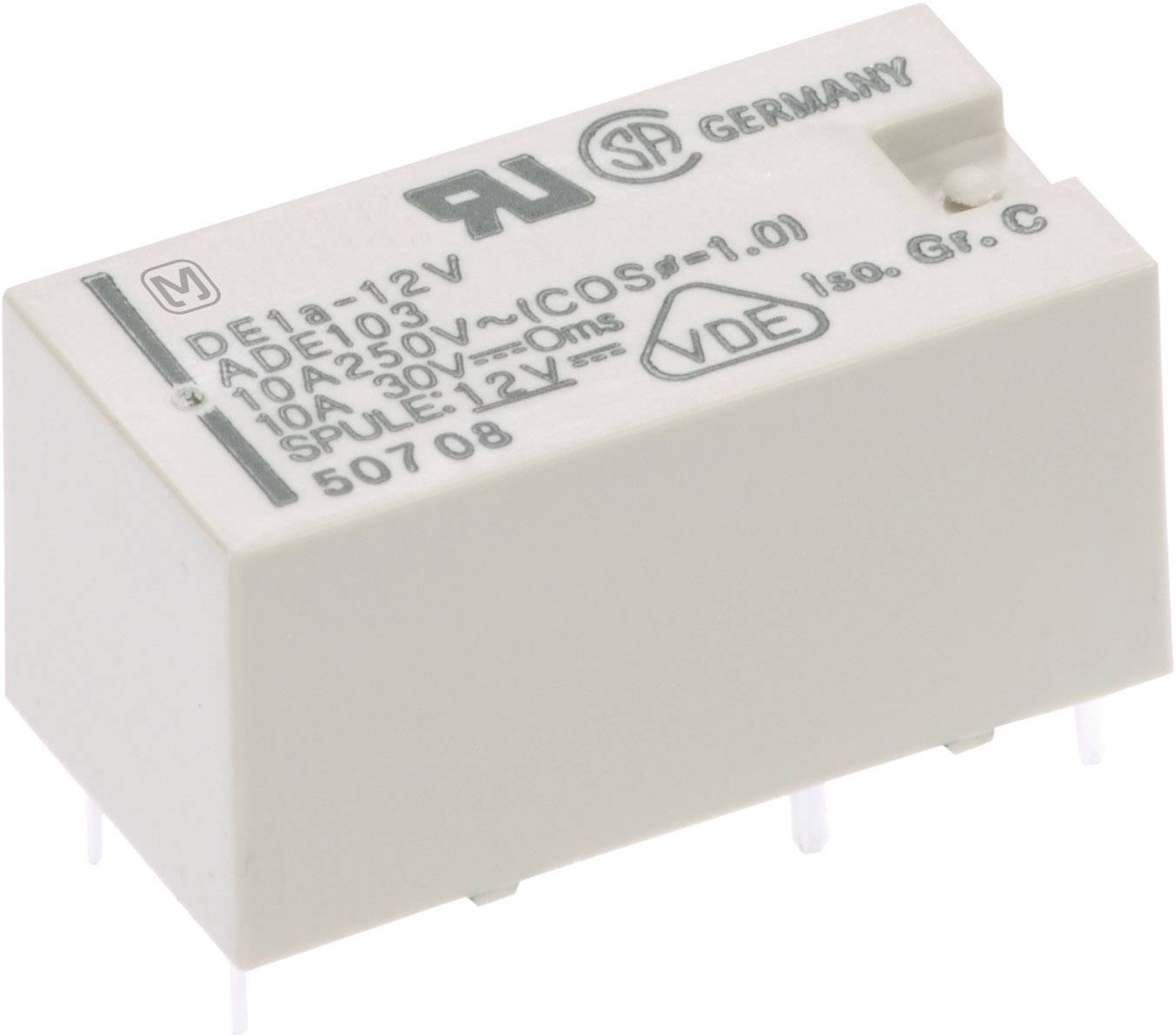 Relè elettrico rettangolare con etichetta 'DE1-12V' sulla parte superiore, idoneo per 250V/10A, certificato VDE, con involucro bianco.